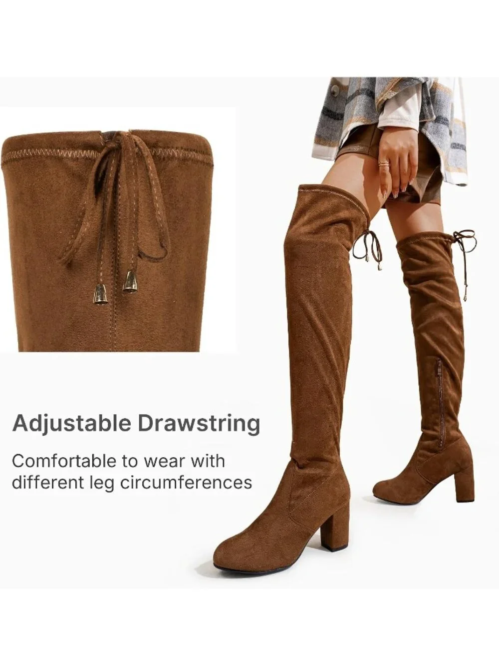 Women's Brown Chunky Heel Round Toe Side Zipper Over The Knee Thigh High Boots